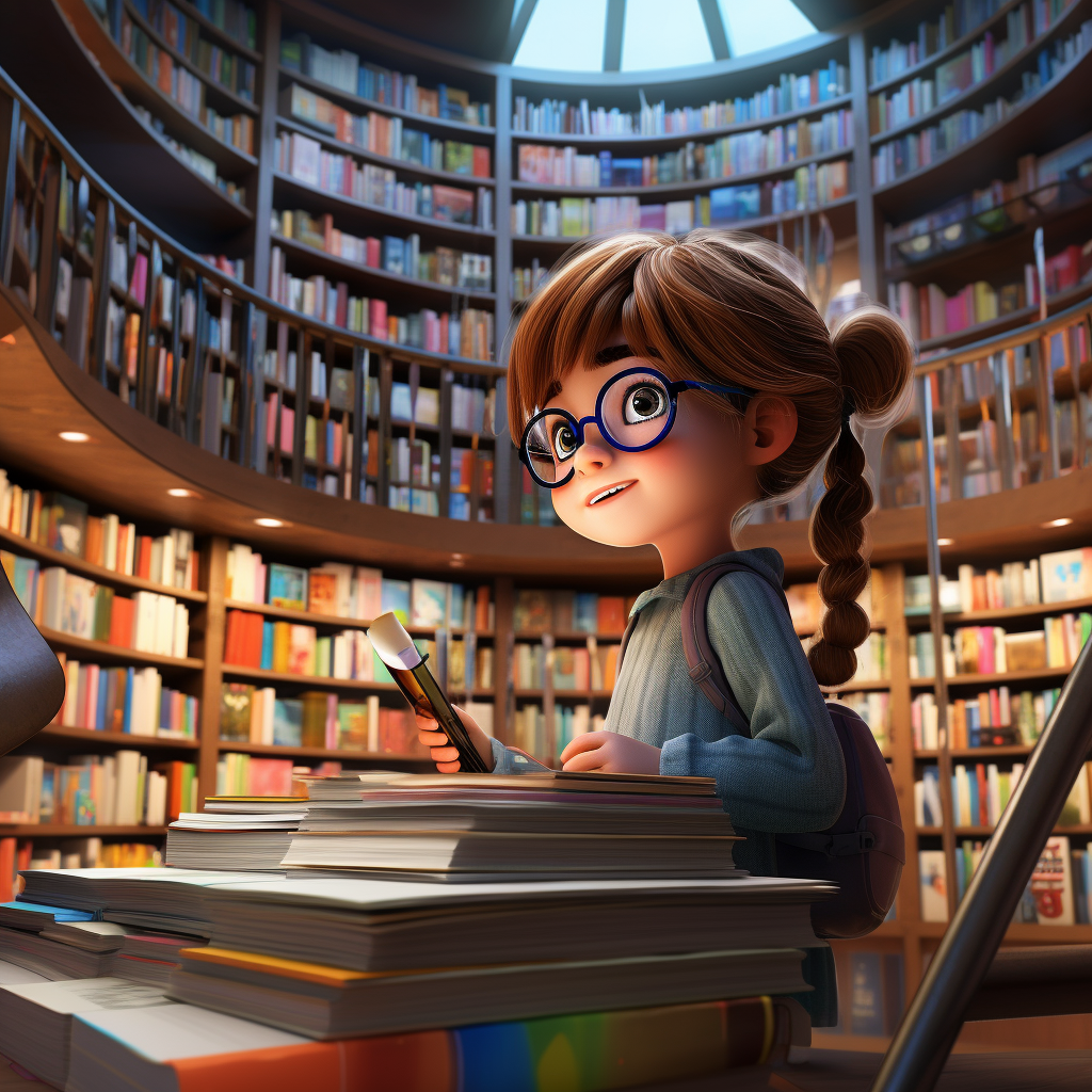 Elementary School Aged Girl in a Library of Books. cultivate a love for reading.